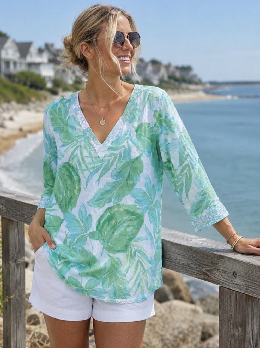 Christian Siriano Tropical Tunic Top Green Coastal Embroidered 100% Cotton 3/4